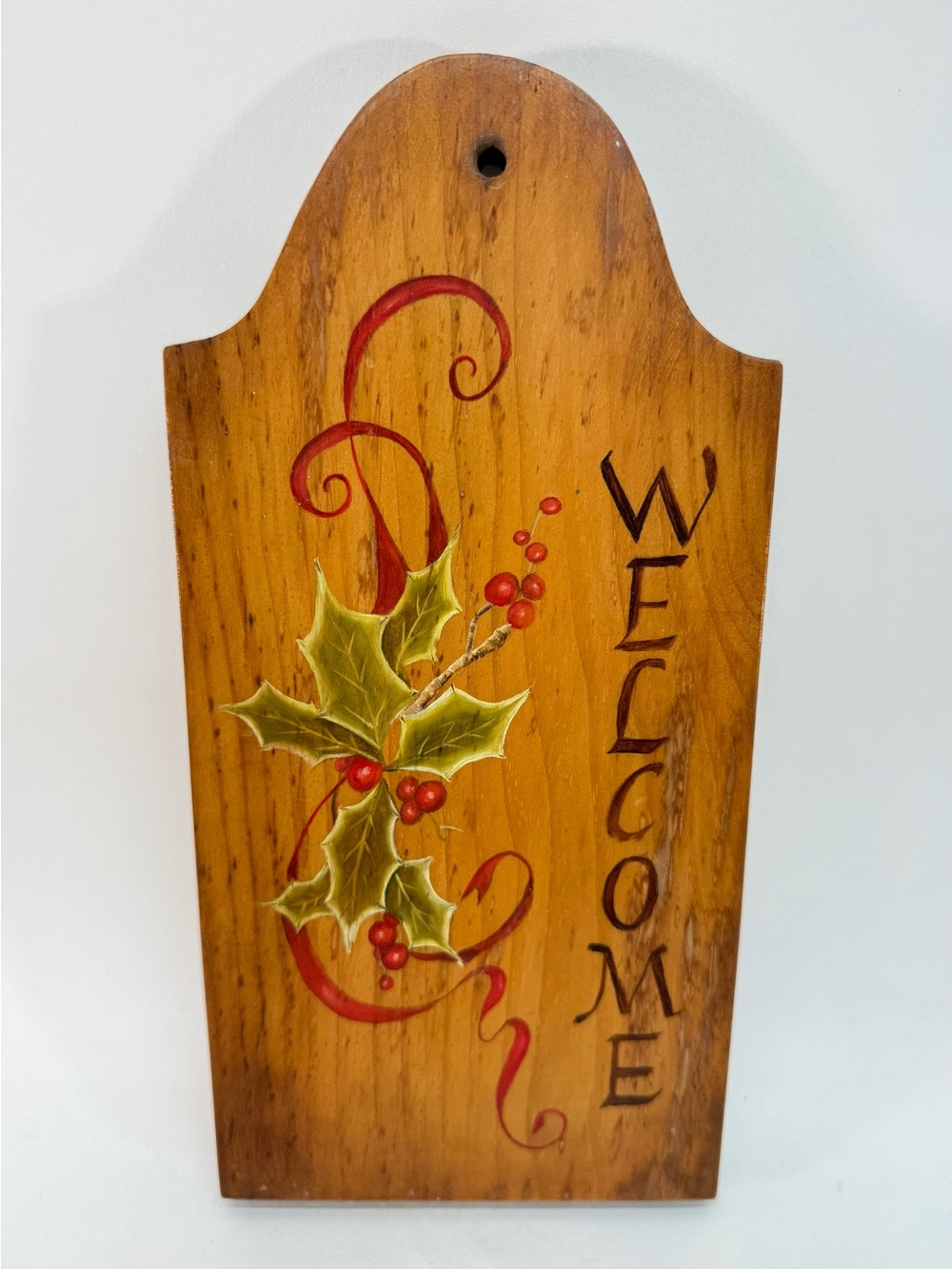 Christmas Holly Handmade Painted Vintage Wooden Welcome Holiday Sign